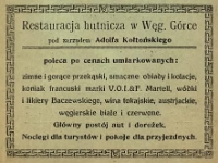 Reklama Restauracji Hutniczej w Węgierskiej Górce z 1924 roku.