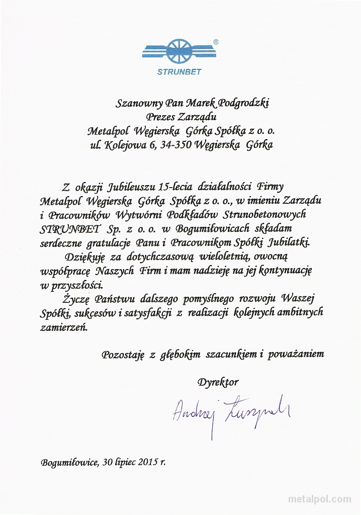 życzenia Z Okazji Xv Lecia Metalpol U