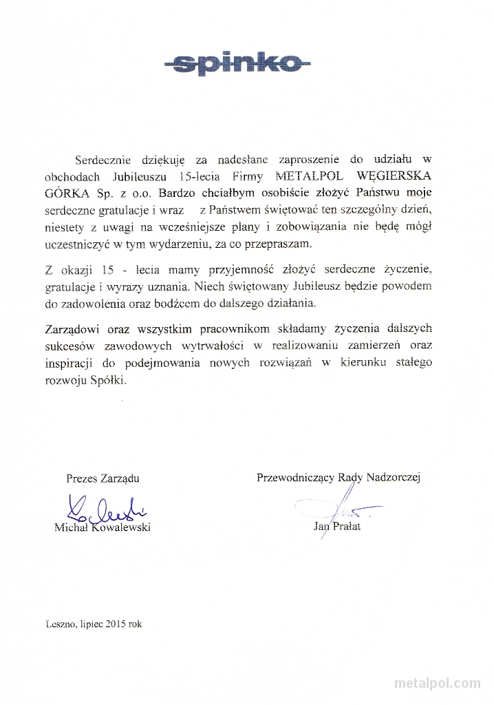 życzenia Z Okazji Xv Lecia Metalpol U