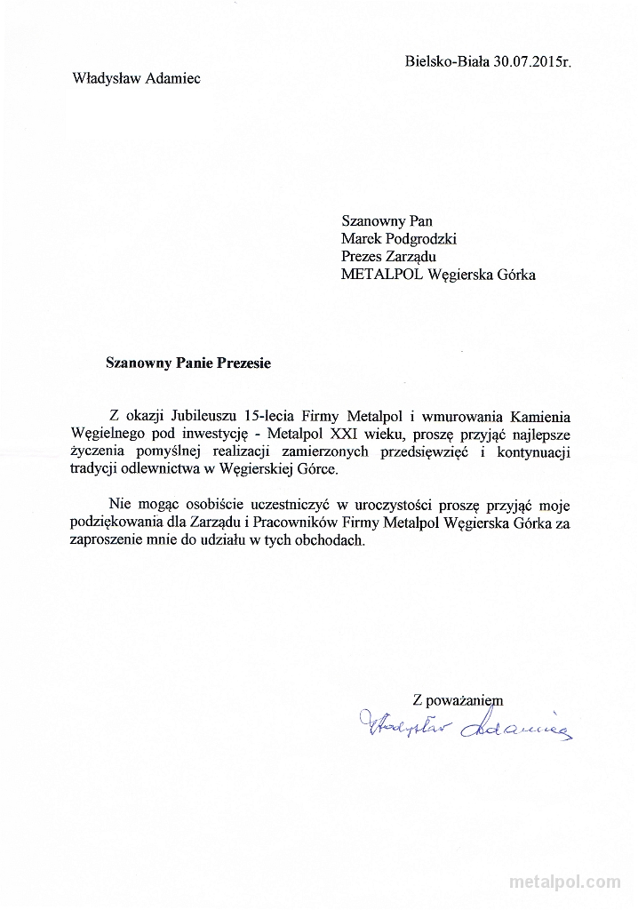 życzenia Z Okazji Xv Lecia Metalpol U