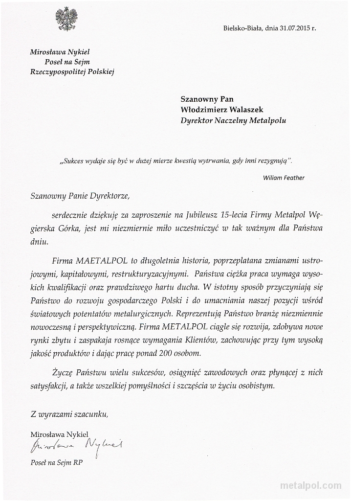 życzenia Z Okazji Xv Lecia Metalpol U